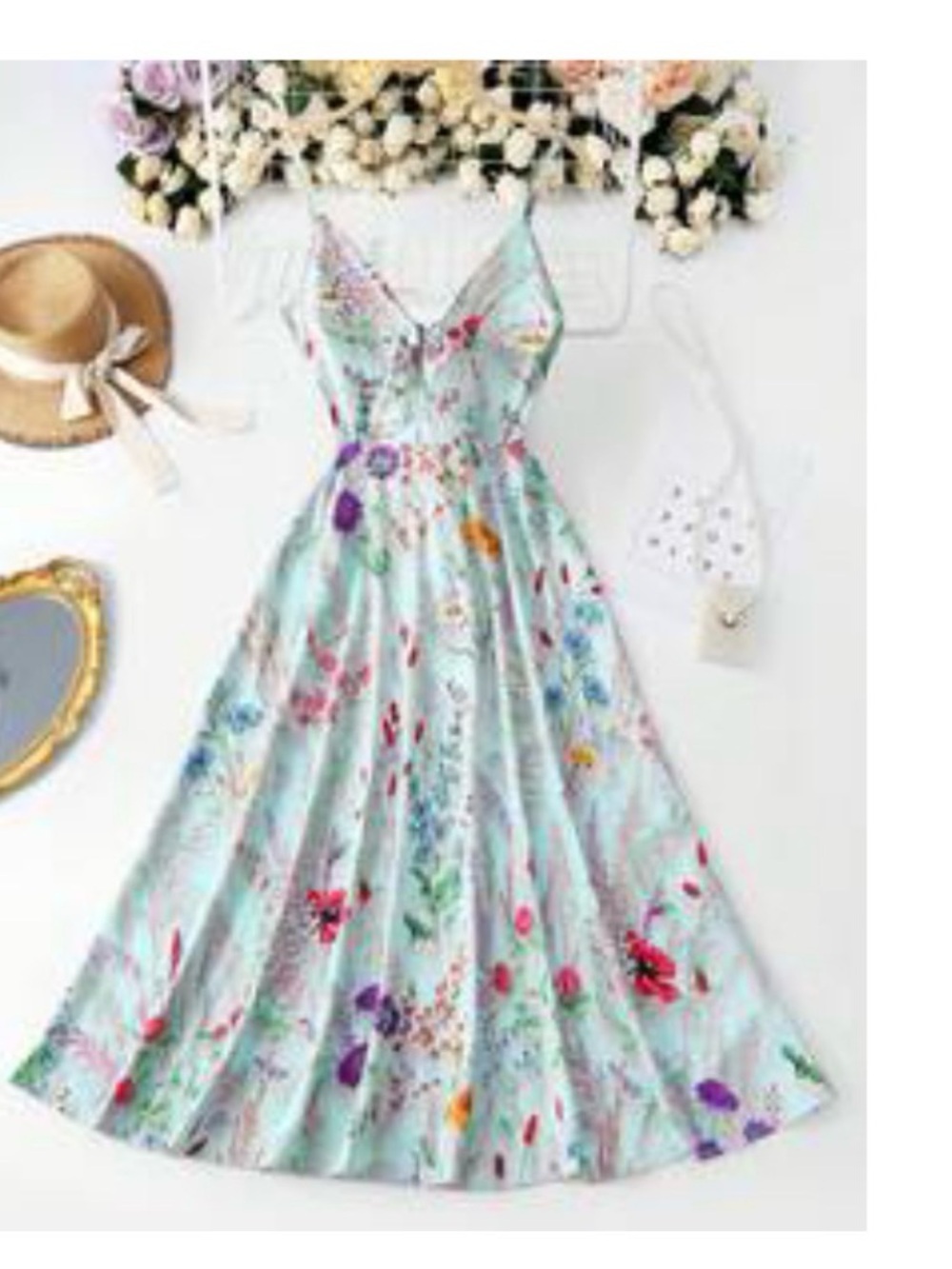 Light Blue Floral V-Neck Midi Dress with Spaghetti Straps